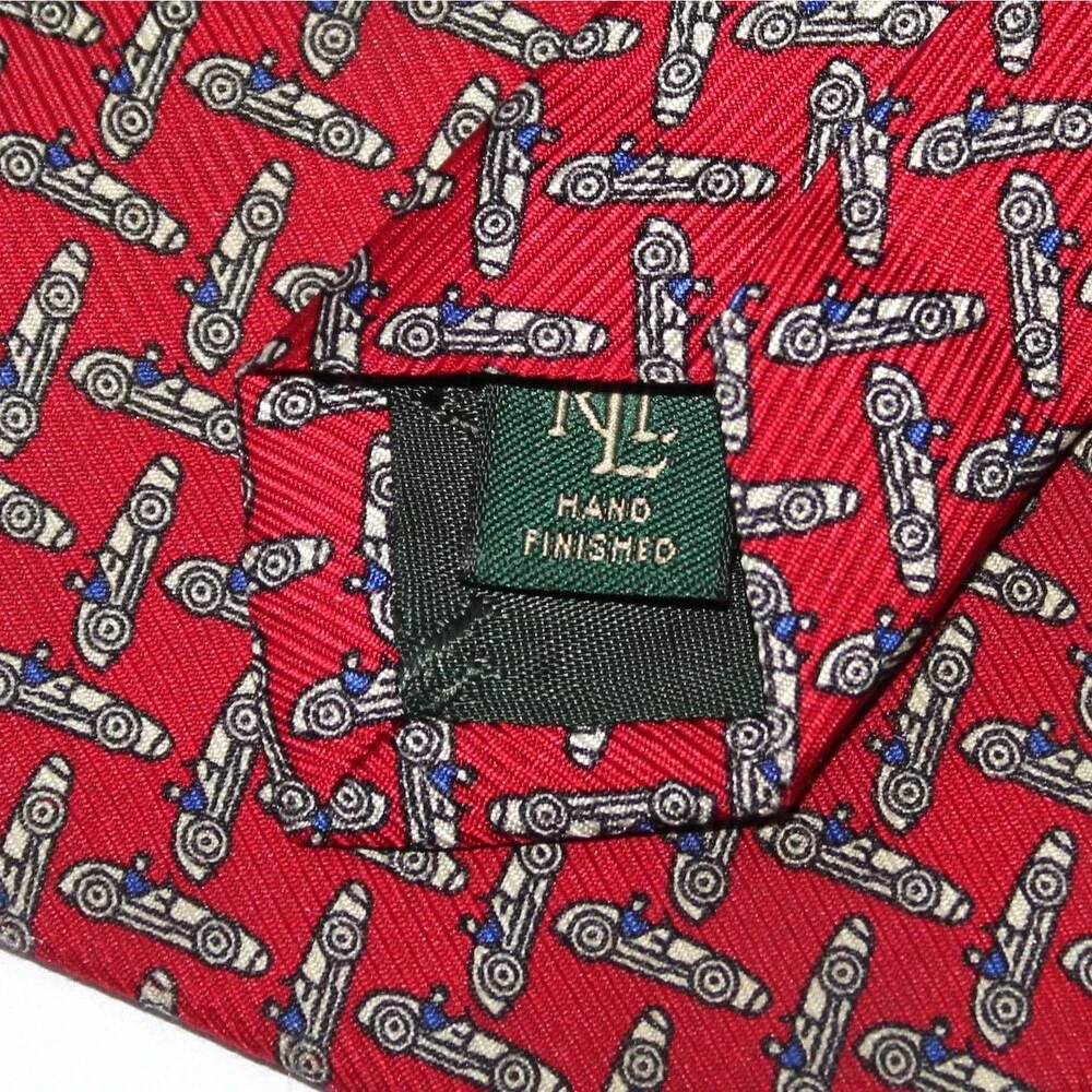 Lauren Ralph Lauren Necktie red Race Cars 100% silk USA LRL